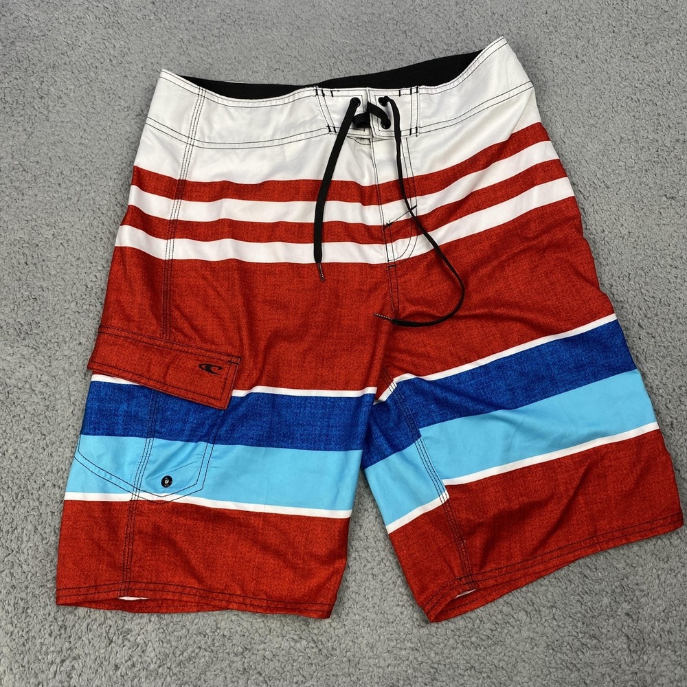 O'Neill Shorts Mens 31‎ Red Blue White Striped Boardshorts Swim Trunks Pocket